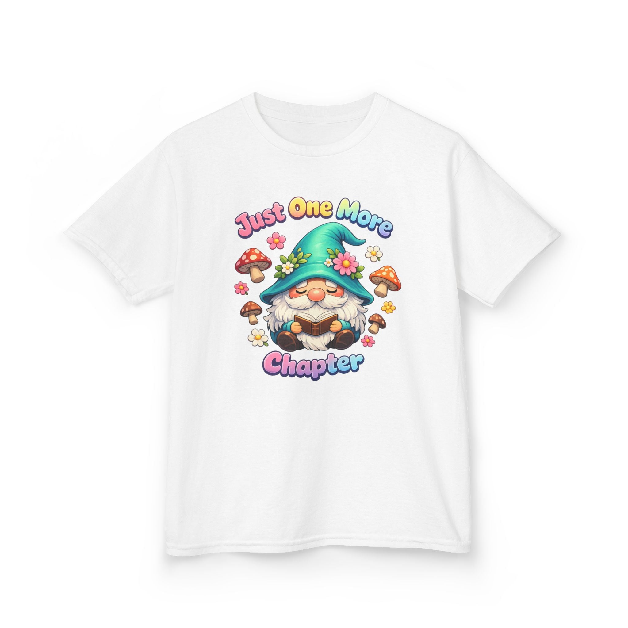 Kids Tee — "Just One More Chapter" Cute Mushroom Gnome Reading Shirt