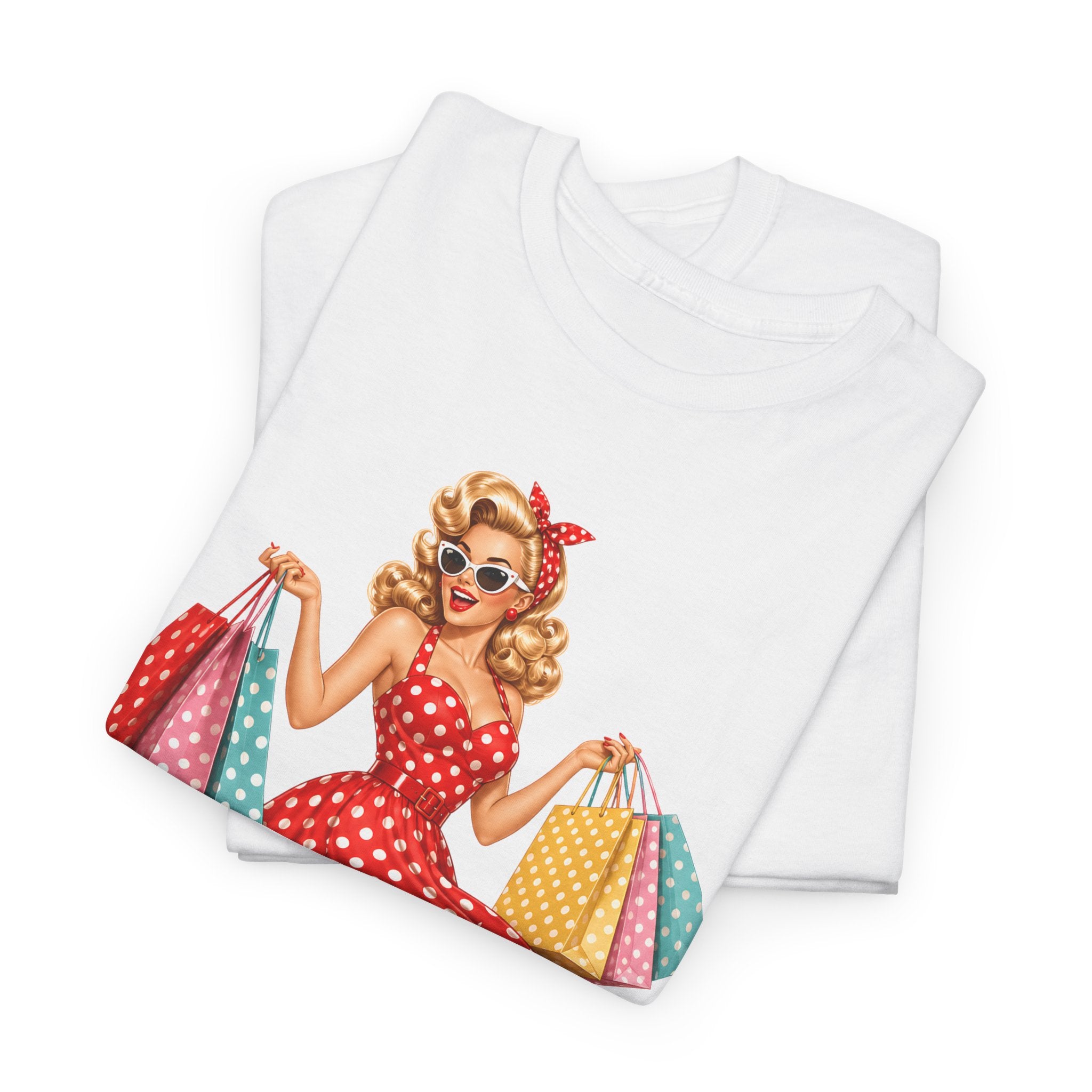 Pinup Shopper Graphic Tee — Retro 1950s Vintage Woman with Shopping Bags