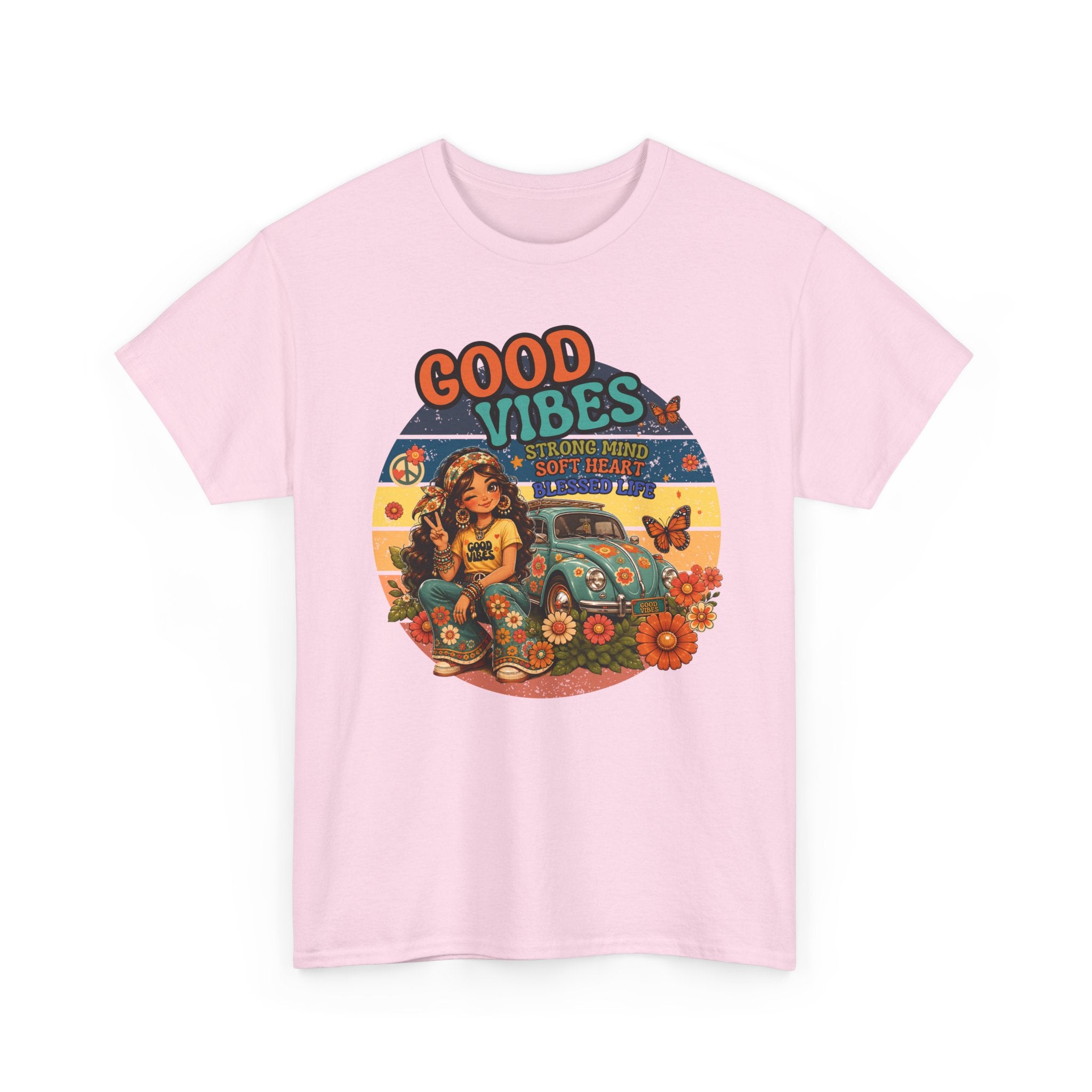 Good Vibes Vintage Tee – Retro Hippie Car & Flowers Graphic T‑Shirt