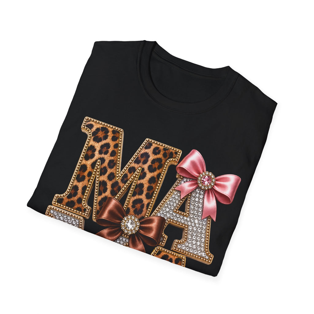 Mama Leopard & Bow T-Shirt — Sparkle Rhinestone Floral Mom Tee