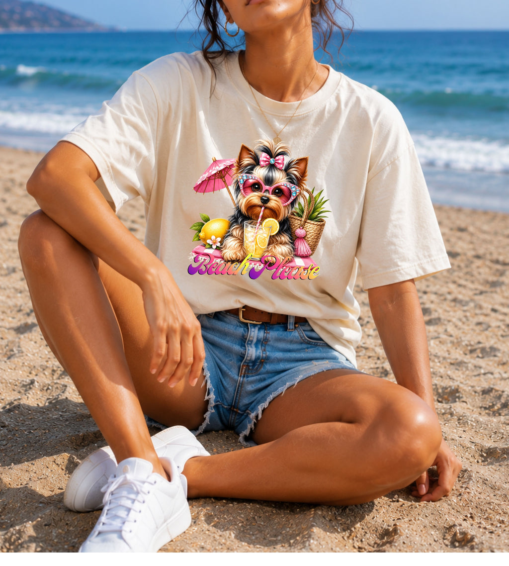 Yorkie Beach T-Shirt — "Beach Please" Cute Dog Summer Graphic Tee