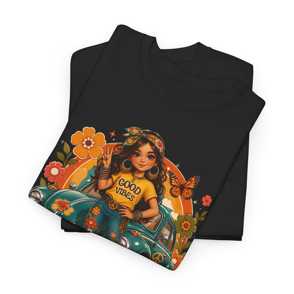 Vintage Floral Hippie Tee – "Good Vibes" Girl in Classic Car