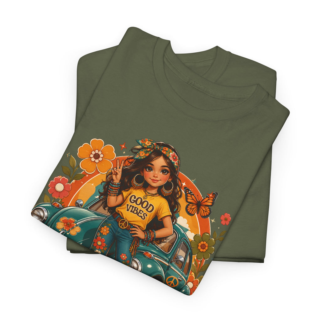 Vintage Floral Hippie Tee – "Good Vibes" Girl in Classic Car