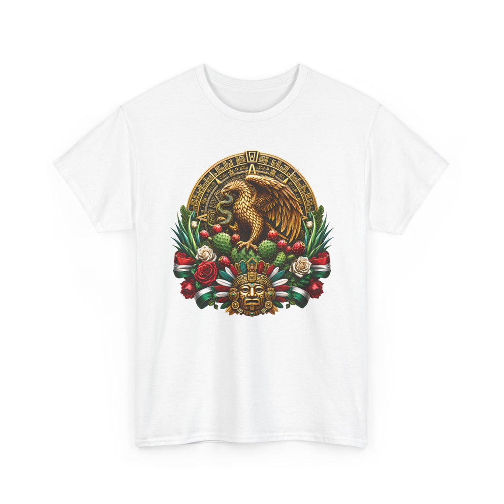 Aztec Eagle Crest T-Shirt — Mexican Heritage Calendar & Floral Graphic Tee