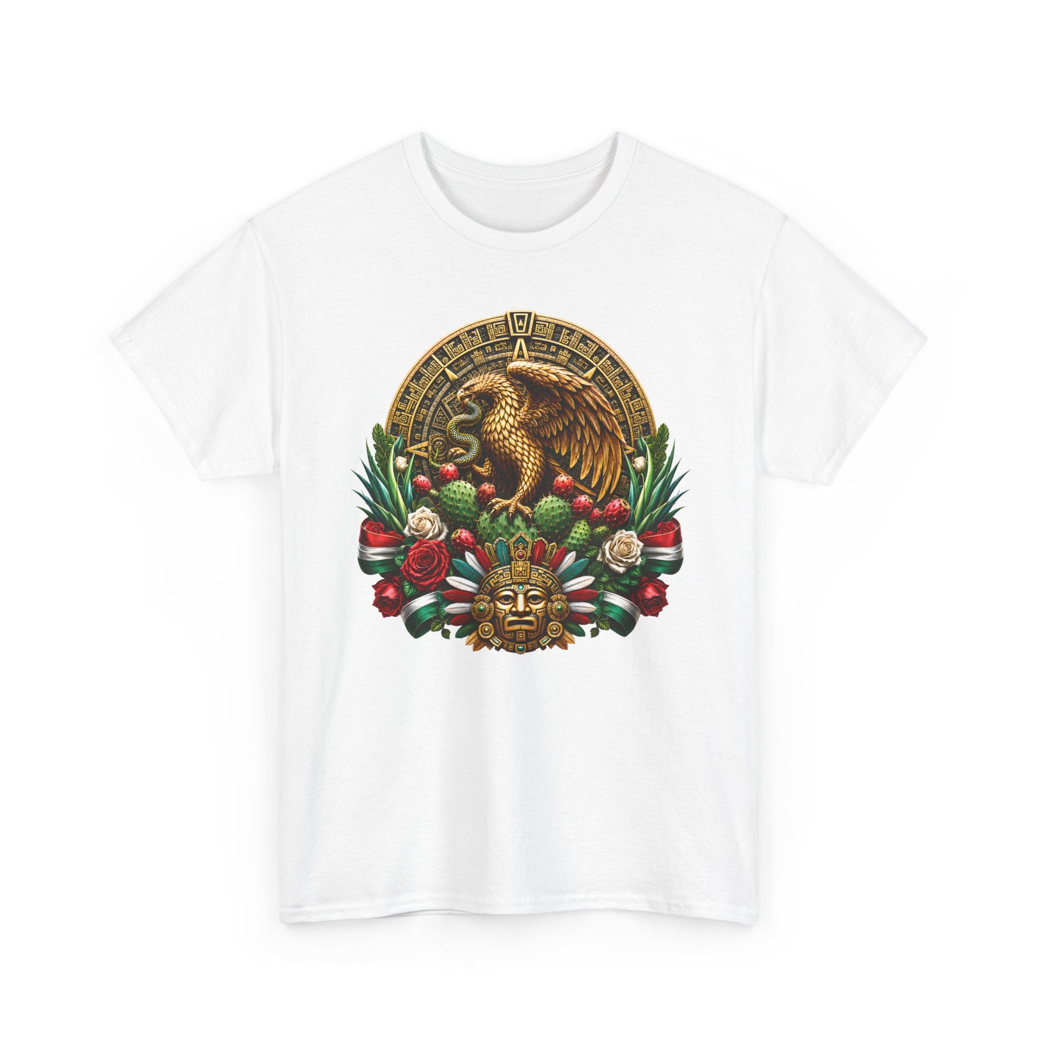 Aztec Eagle Crest T-Shirt — Mexican Heritage Calendar & Floral Graphic Tee