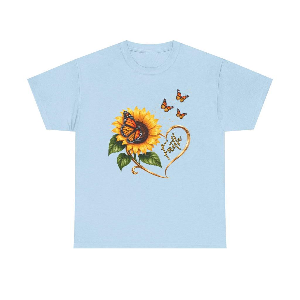 Sunflower & Monarch Butterfly Tee with "Faith" Heart — Inspirational Floral T-Shirt