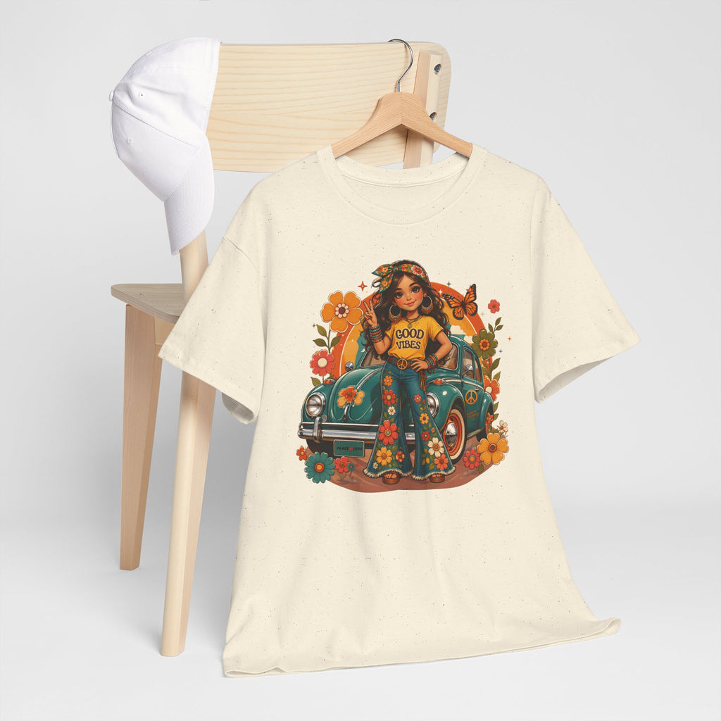 Vintage Floral Hippie Tee – "Good Vibes" Girl in Classic Car