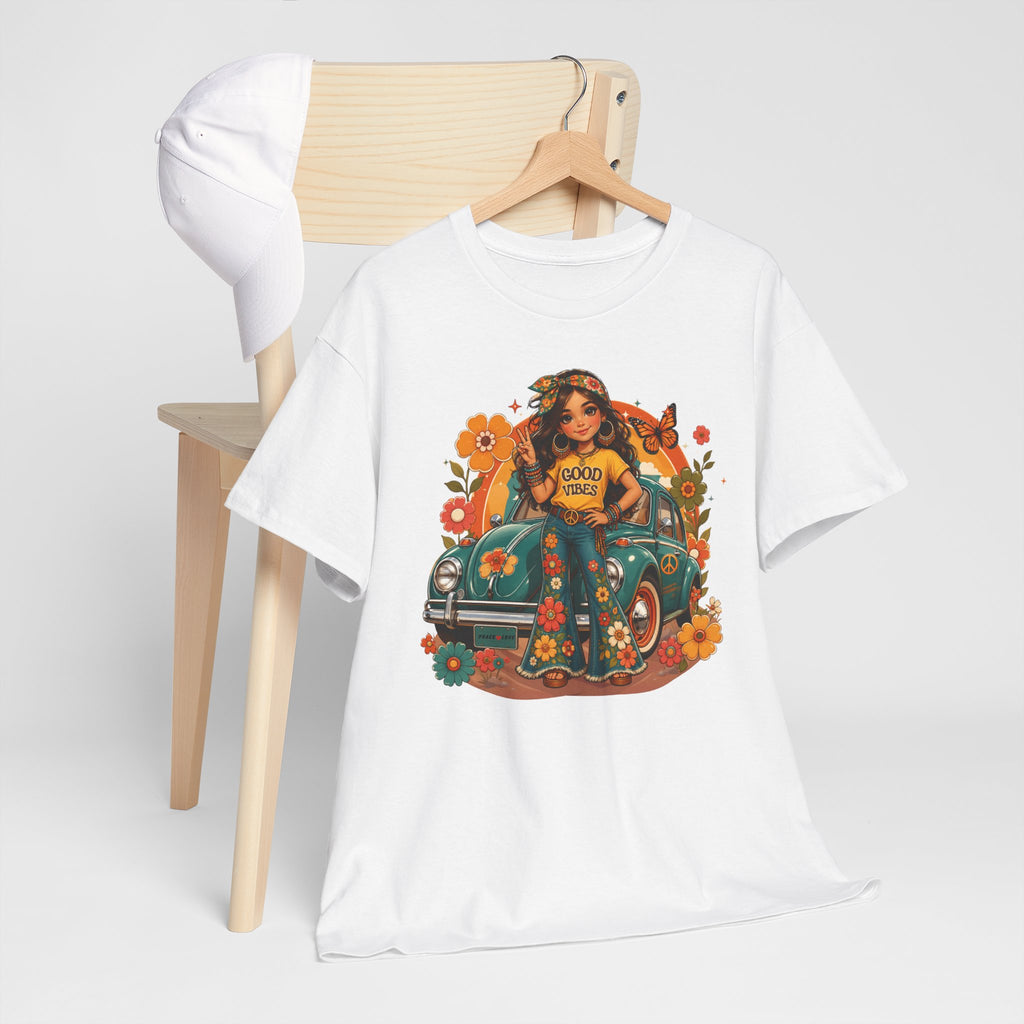 Vintage Floral Hippie Tee – "Good Vibes" Girl in Classic Car