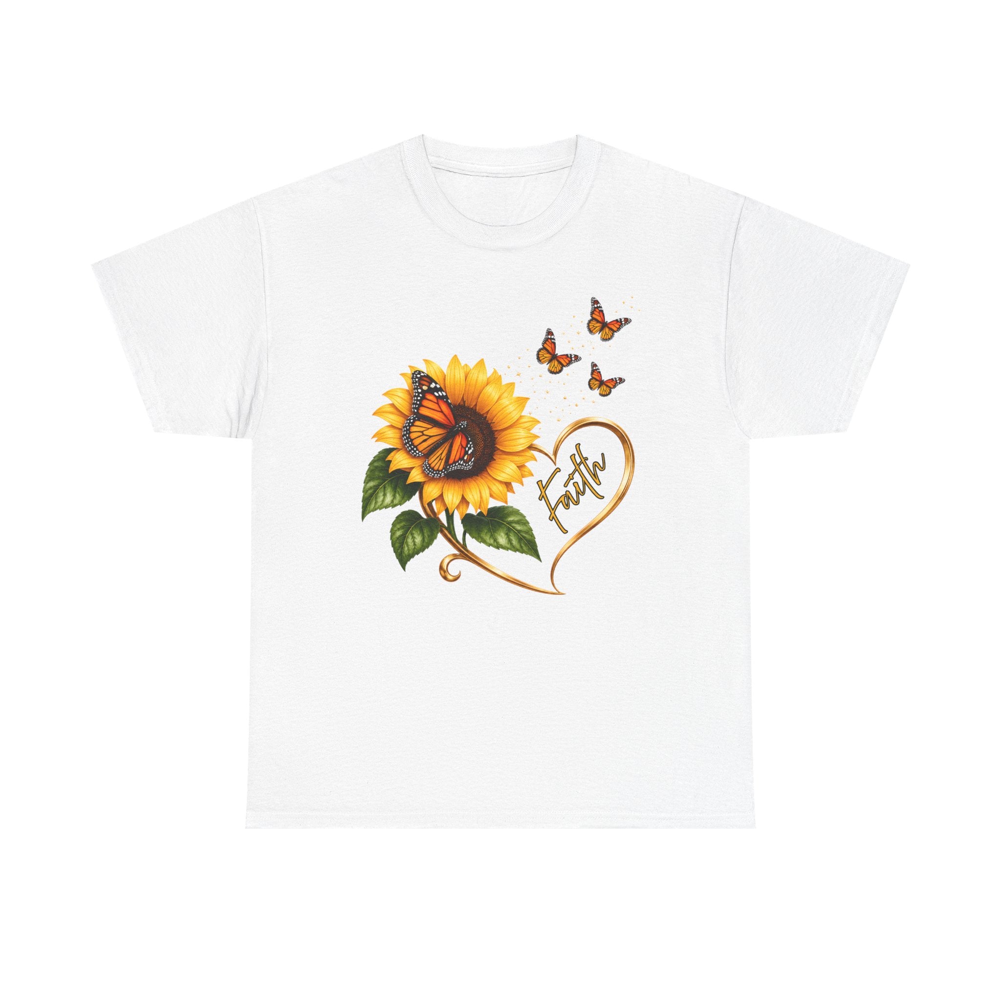 Sunflower & Monarch Butterfly Tee with "Faith" Heart — Inspirational Floral T-Shirt