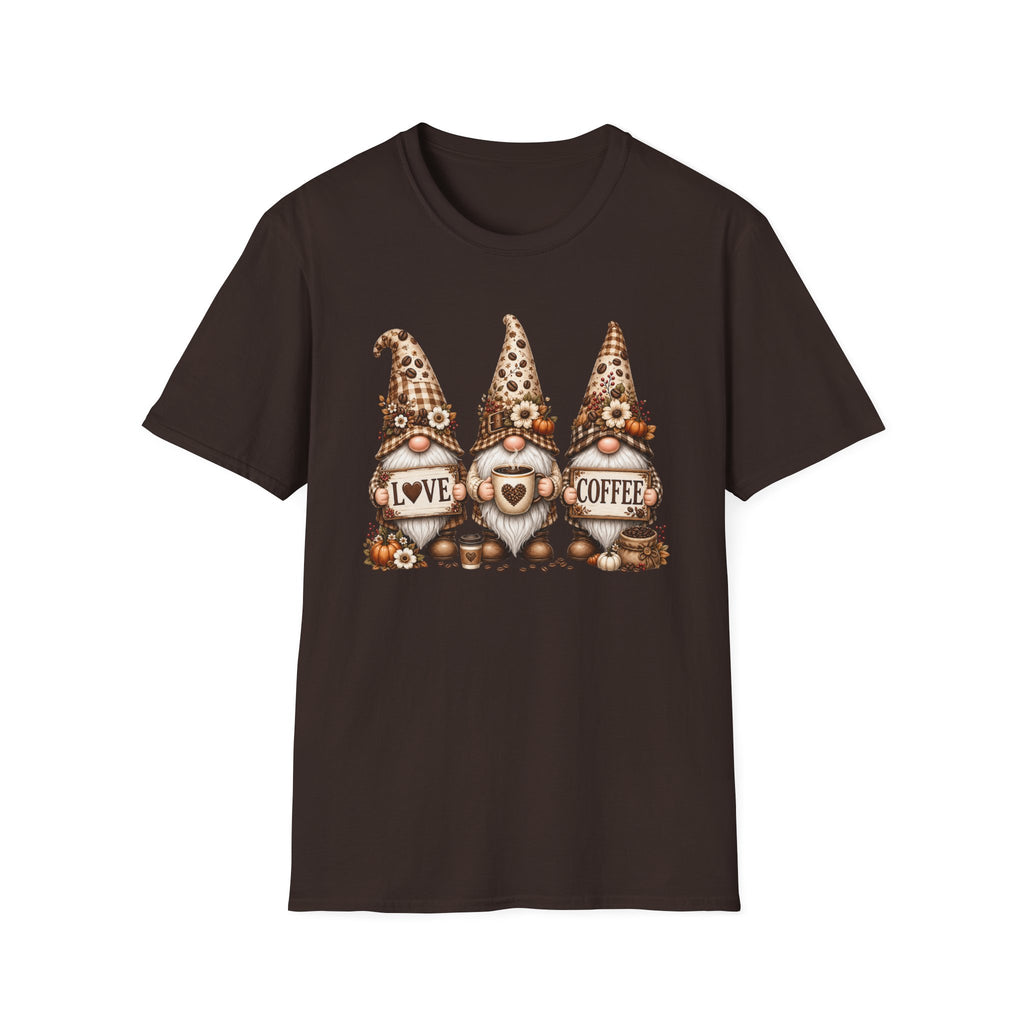 Coffee Gnome Trio T‑Shirt — Love Coffee Cute Autumn Gnomes Graphic Tee