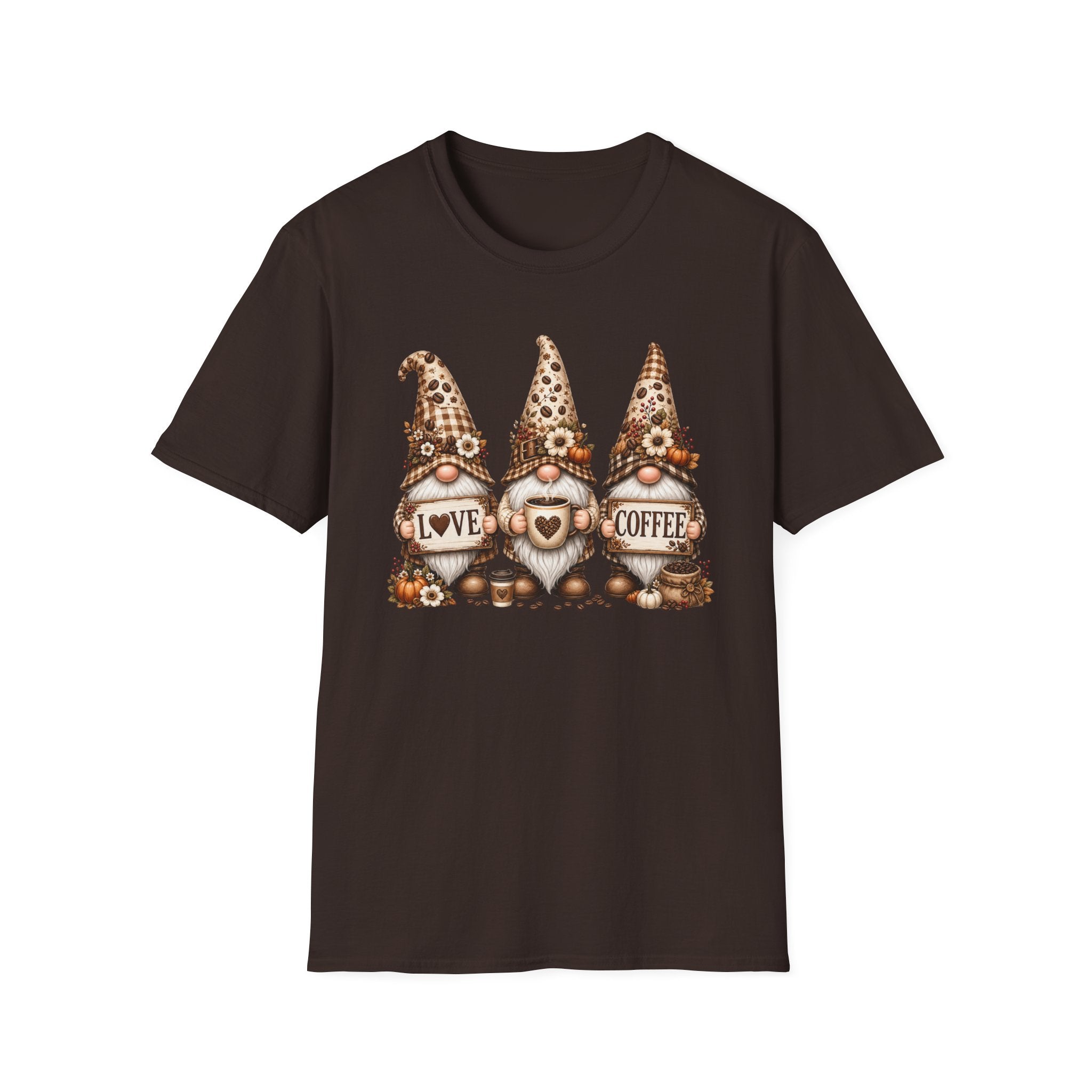 Coffee Gnome Trio T‑Shirt — Love Coffee Cute Autumn Gnomes Graphic Tee