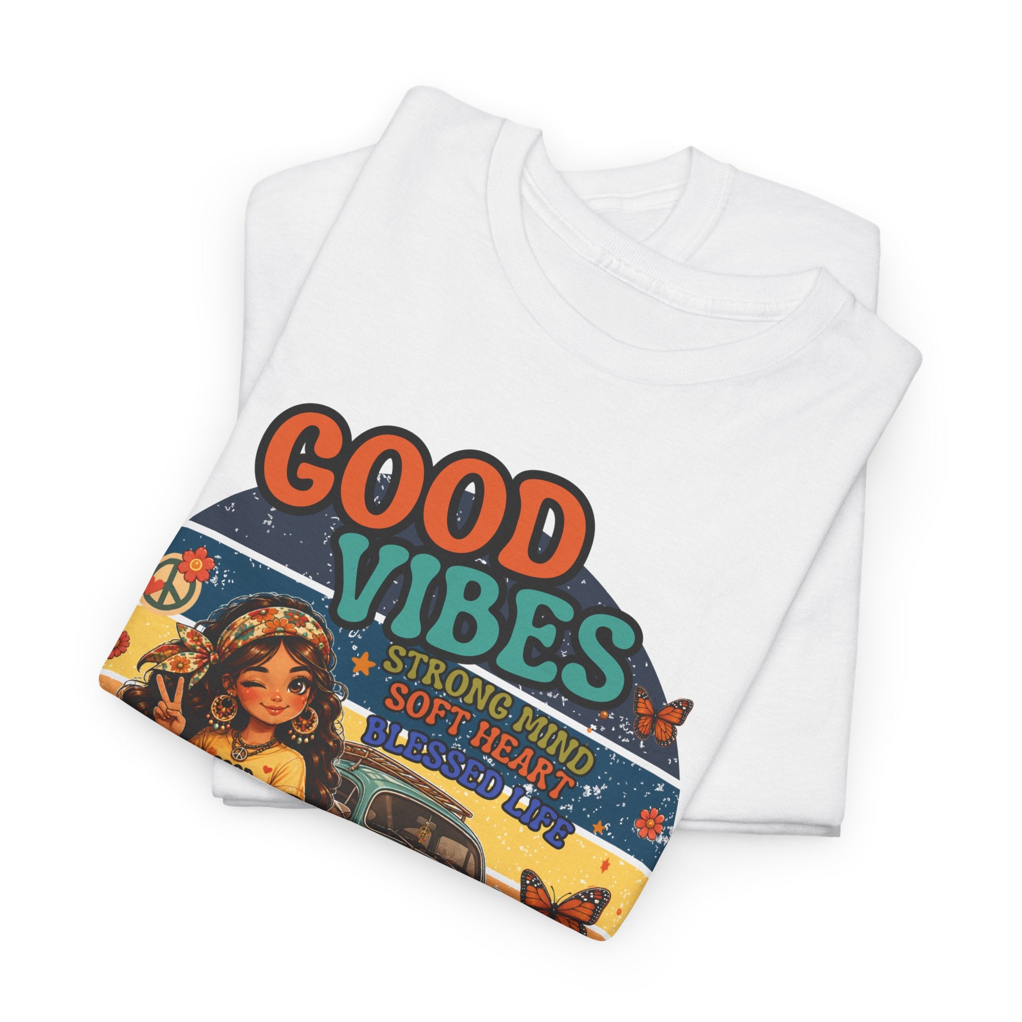 Good Vibes Vintage Tee – Retro Hippie Car & Flowers Graphic T‑Shirt