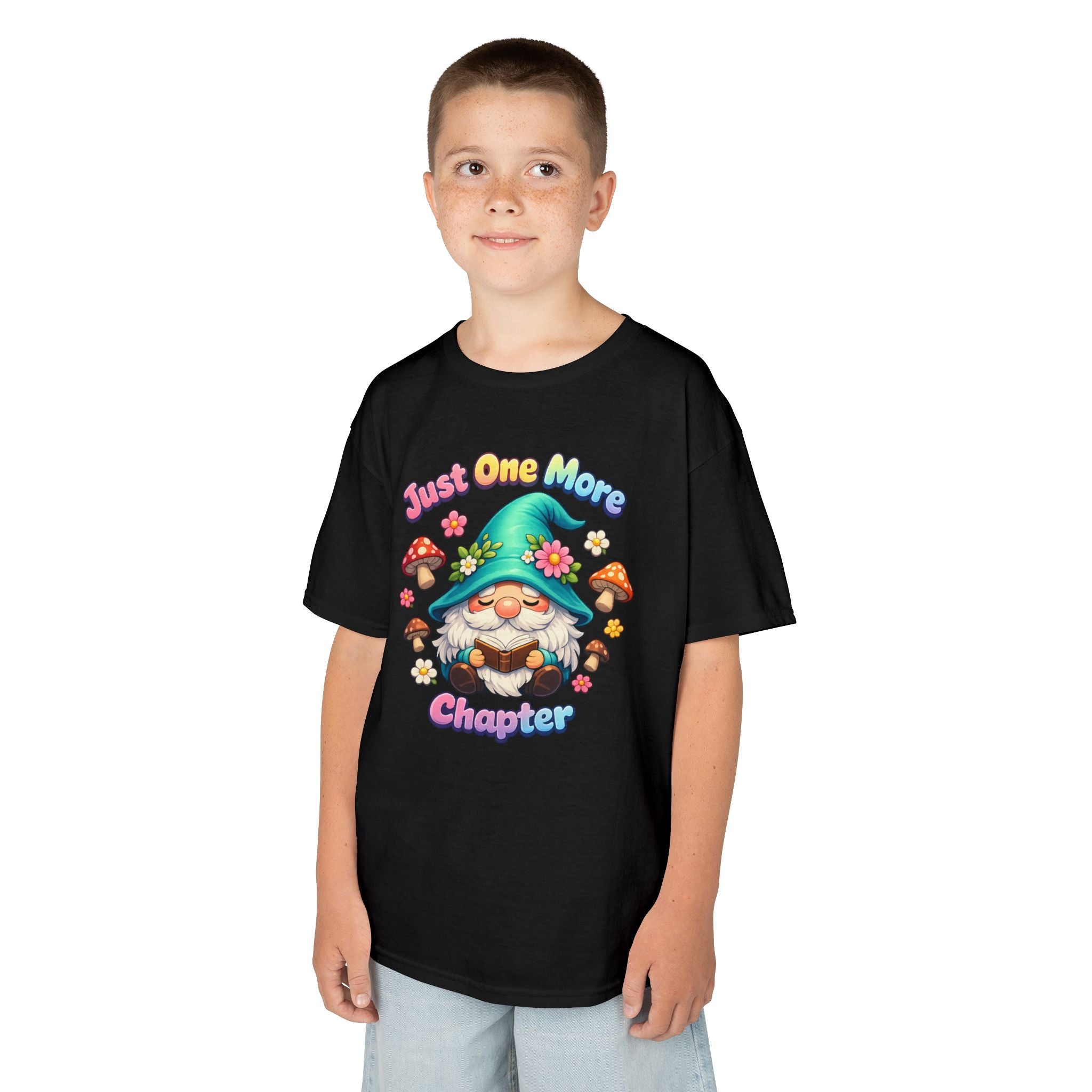 Kids Tee — "Just One More Chapter" Cute Mushroom Gnome Reading Shirt