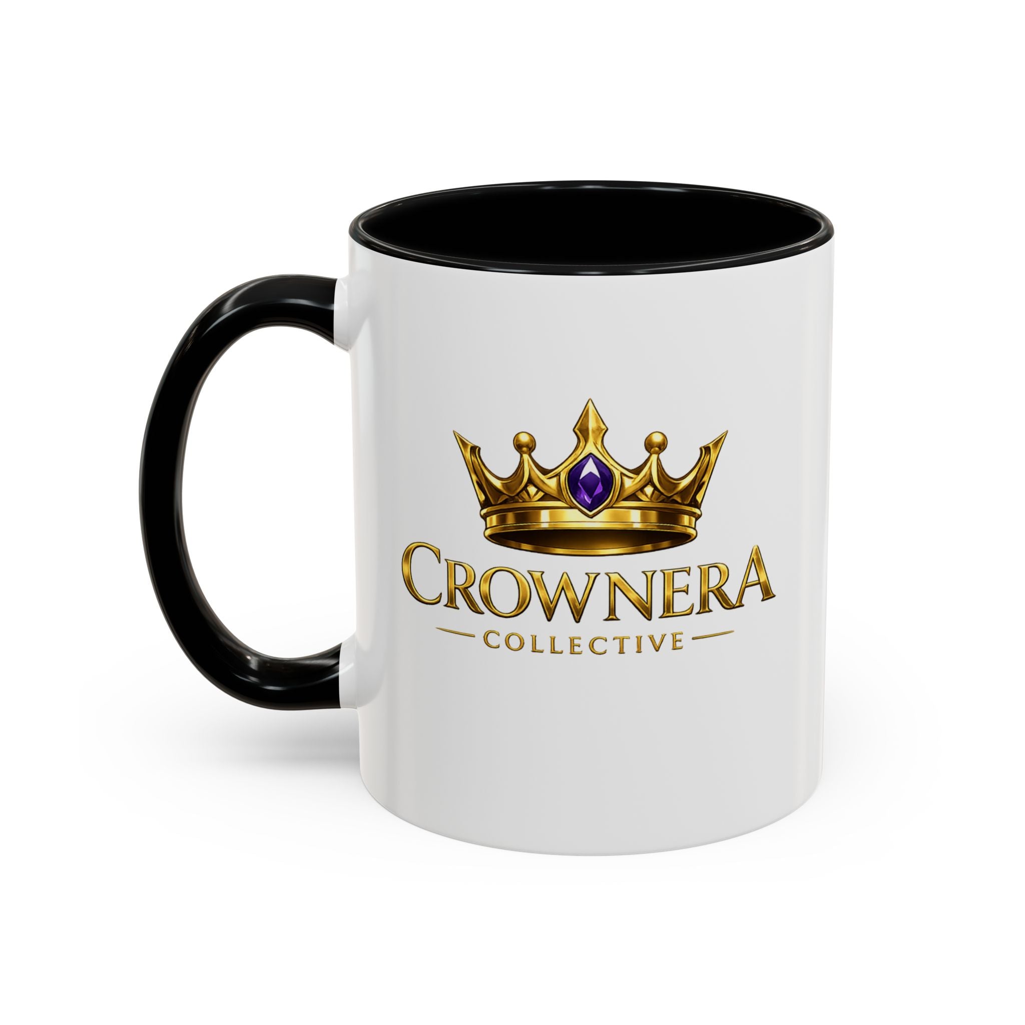 CrownNera Logo Accent Coffee Mug — 11/15oz White Mug with Black Handle & Inner