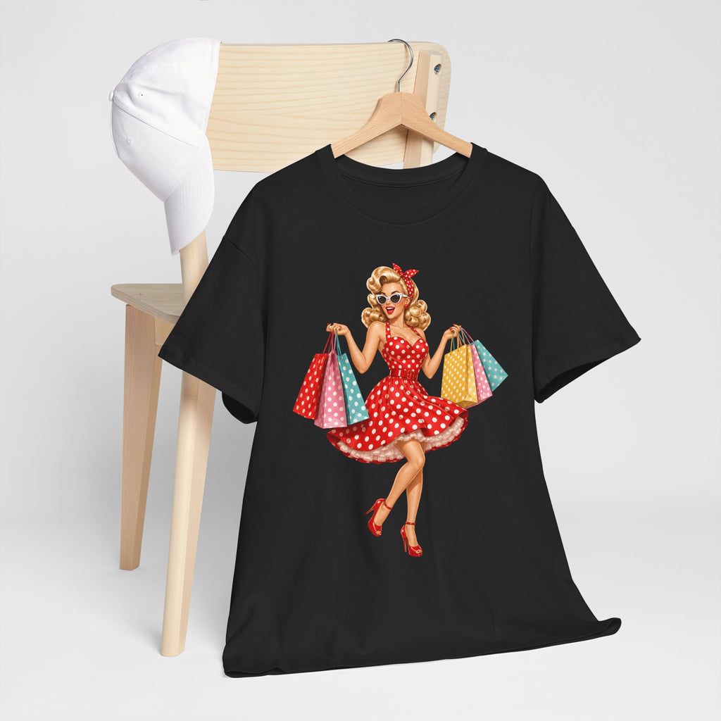 Pinup Shopper Graphic Tee — Retro 1950s Vintage Woman with Shopping Bags