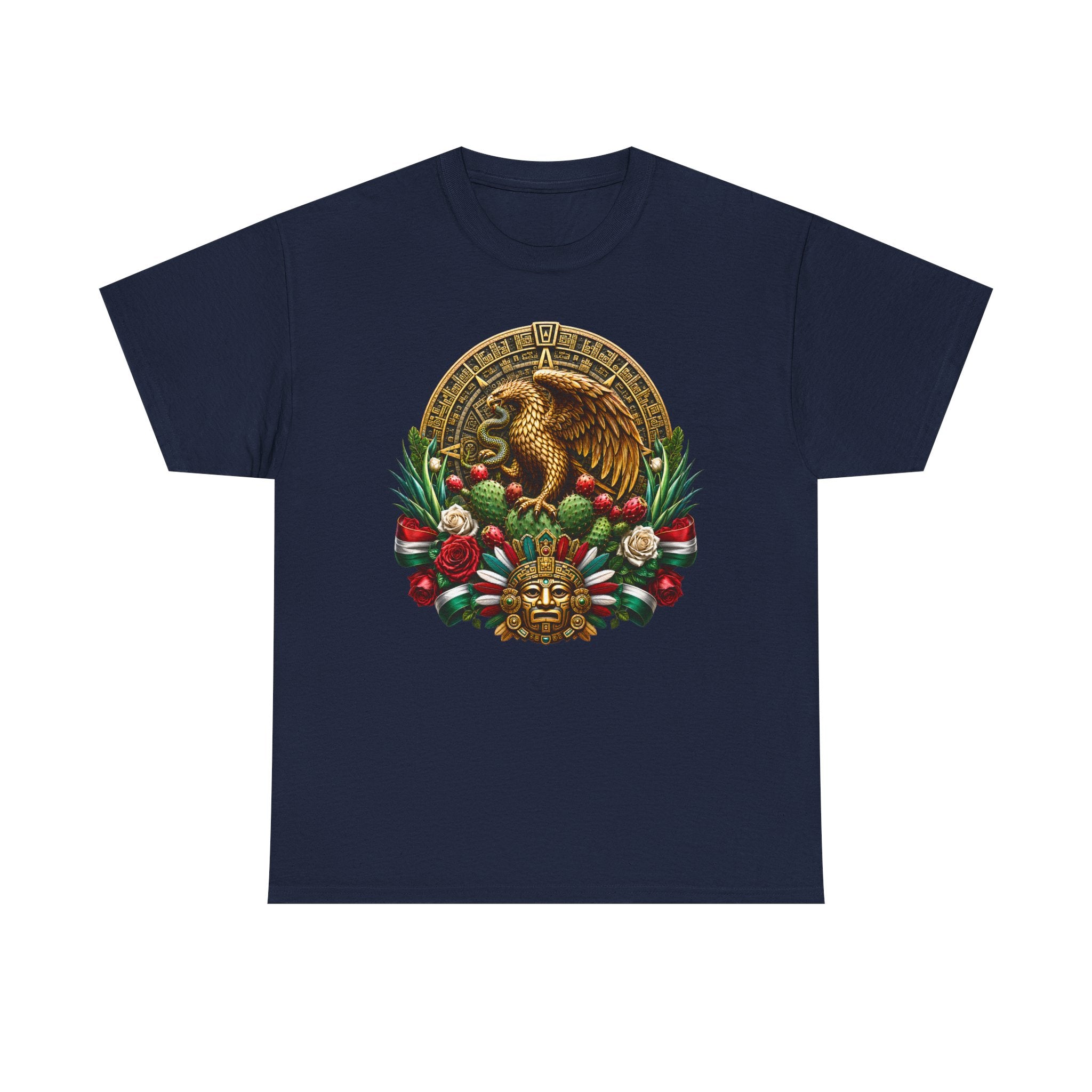Aztec Eagle Crest T-Shirt — Mexican Heritage Calendar & Floral Graphic Tee