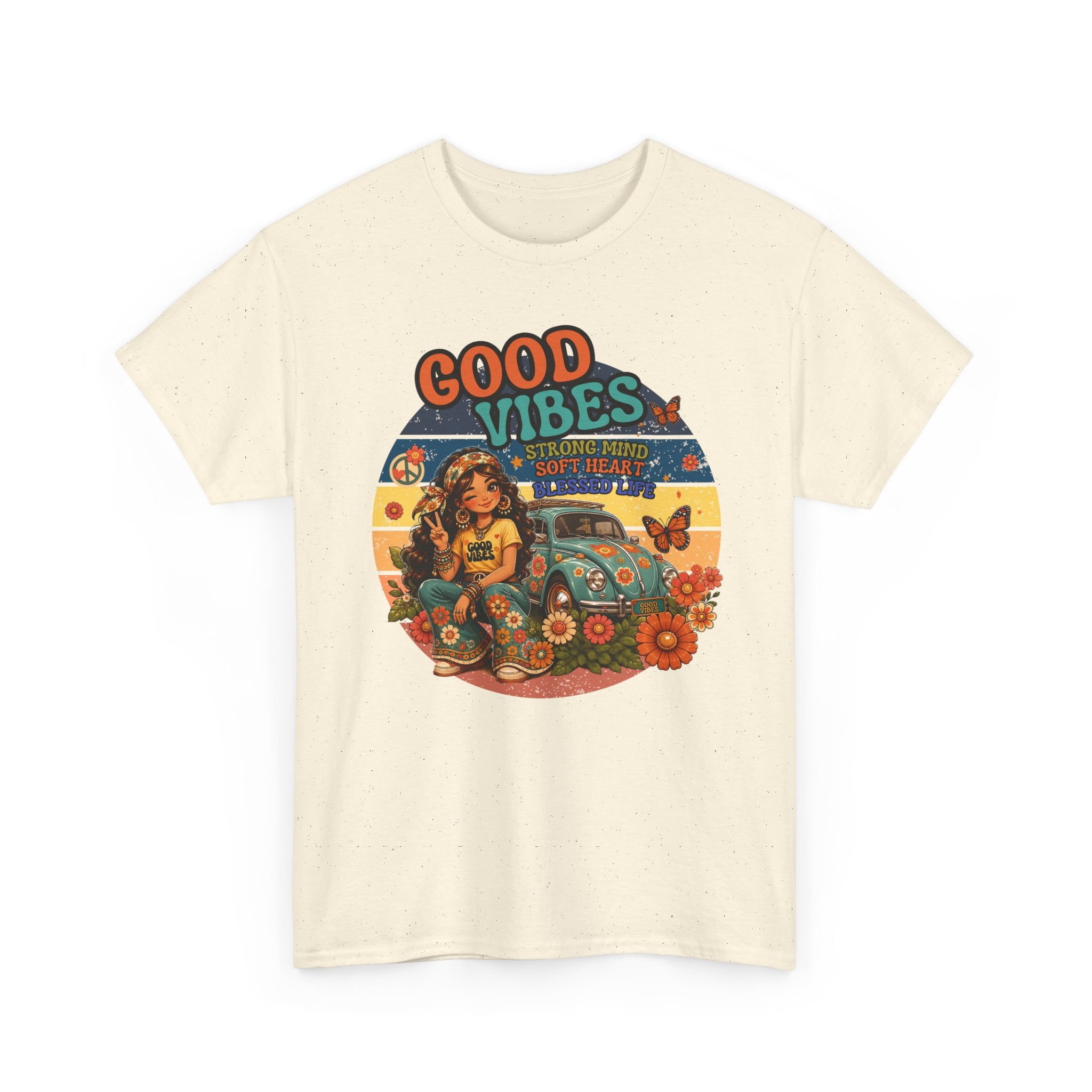 Good Vibes Vintage Tee – Retro Hippie Car & Flowers Graphic T‑Shirt