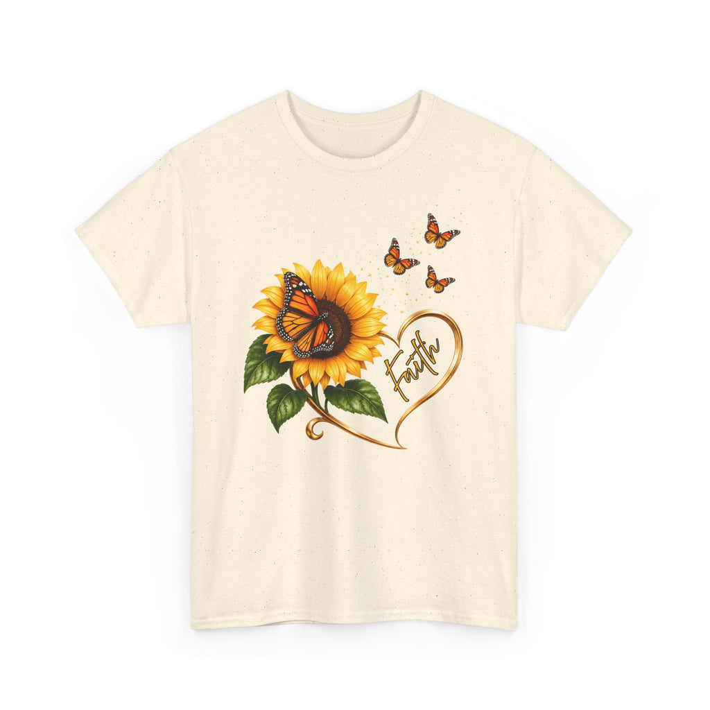 Sunflower & Monarch Butterfly Tee with "Faith" Heart — Inspirational Floral T-Shirt
