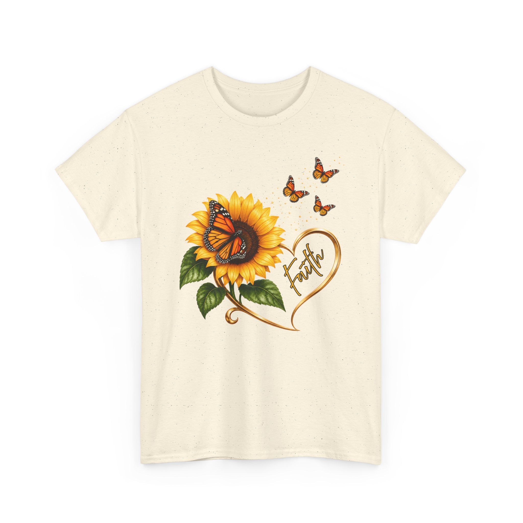 Sunflower & Monarch Butterfly Tee with "Faith" Heart — Inspirational Floral T-Shirt