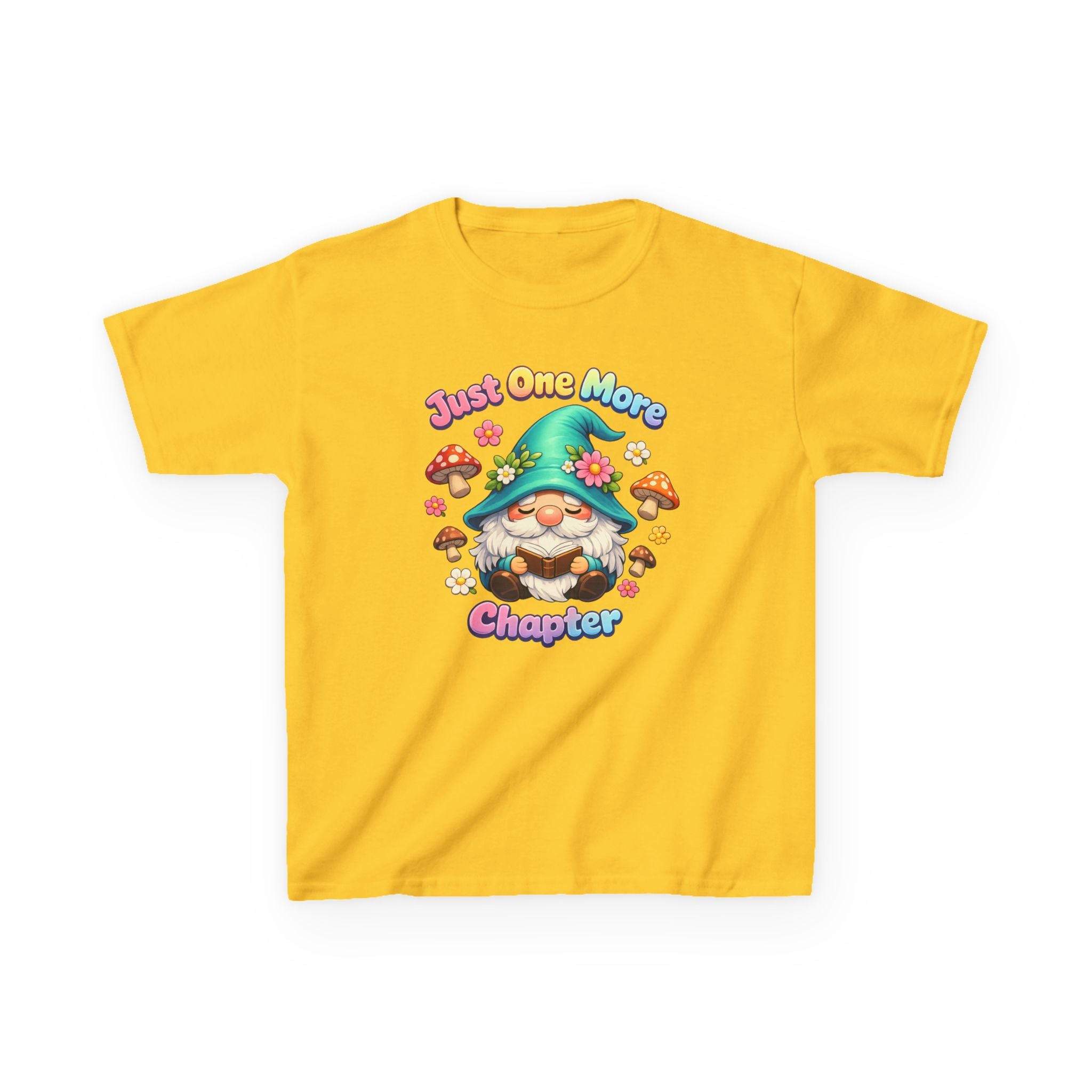 Kids Tee — "Just One More Chapter" Cute Mushroom Gnome Reading Shirt