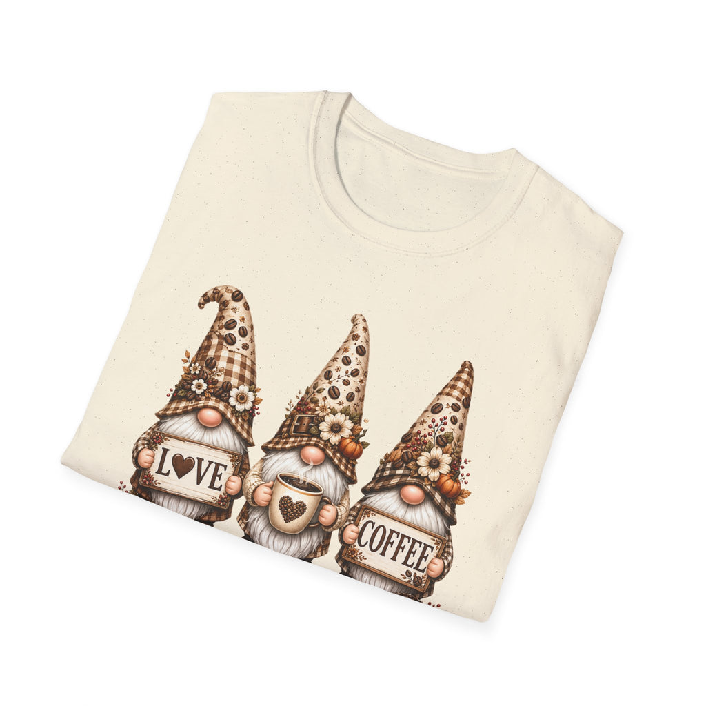Coffee Gnome Trio T‑Shirt — Love Coffee Cute Autumn Gnomes Graphic Tee