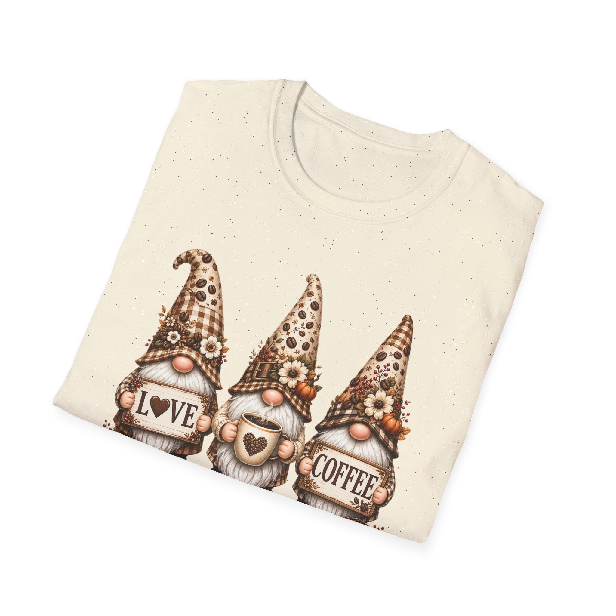 Coffee Gnome Trio T‑Shirt — Love Coffee Cute Autumn Gnomes Graphic Tee