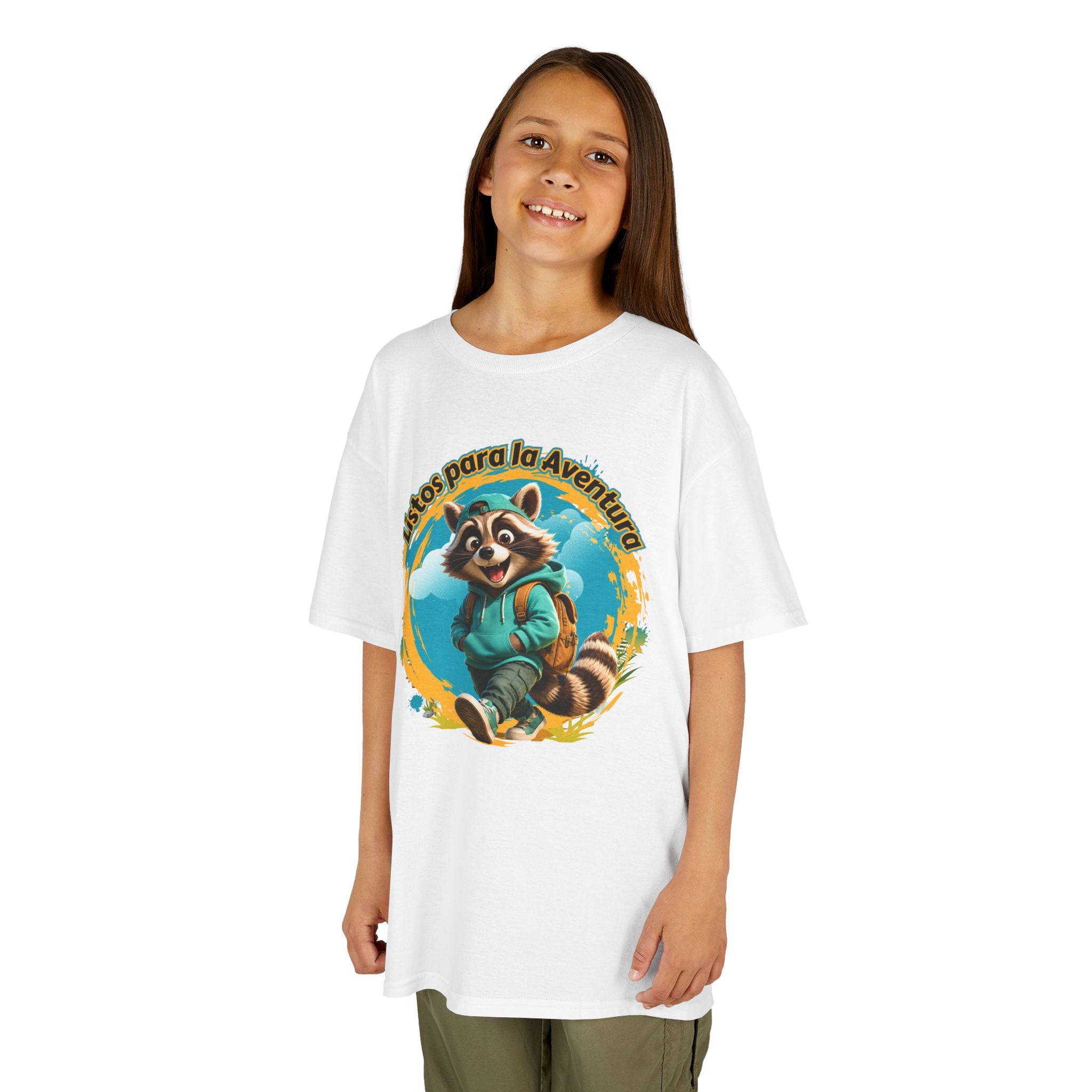 Kids Tee — "Listos para la Aventura" Cute Raccoon Explorer Graphic