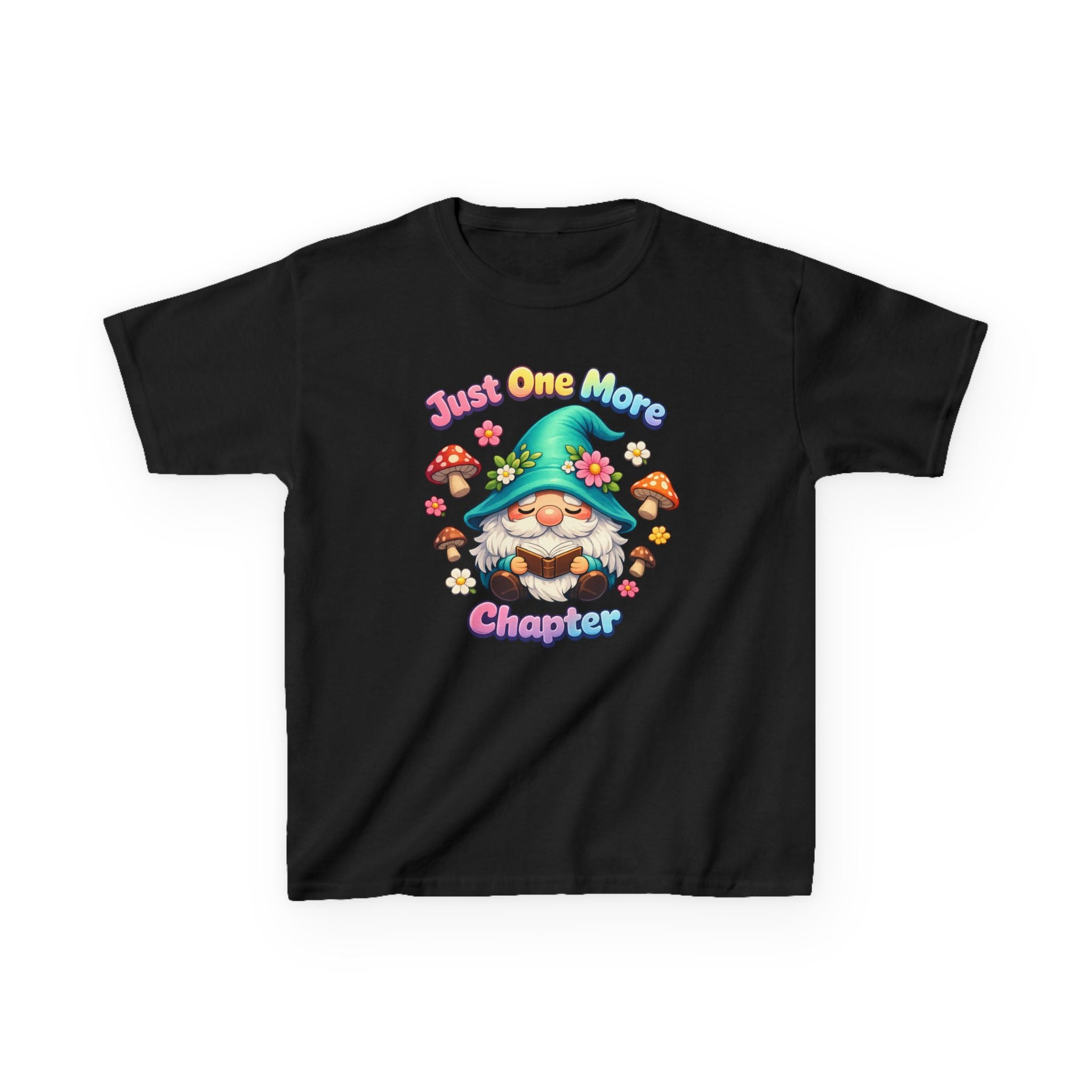 Kids Tee — "Just One More Chapter" Cute Mushroom Gnome Reading Shirt