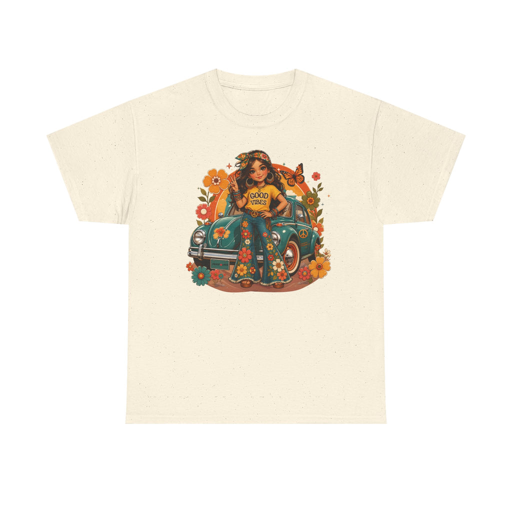 Vintage Floral Hippie Tee – "Good Vibes" Girl in Classic Car