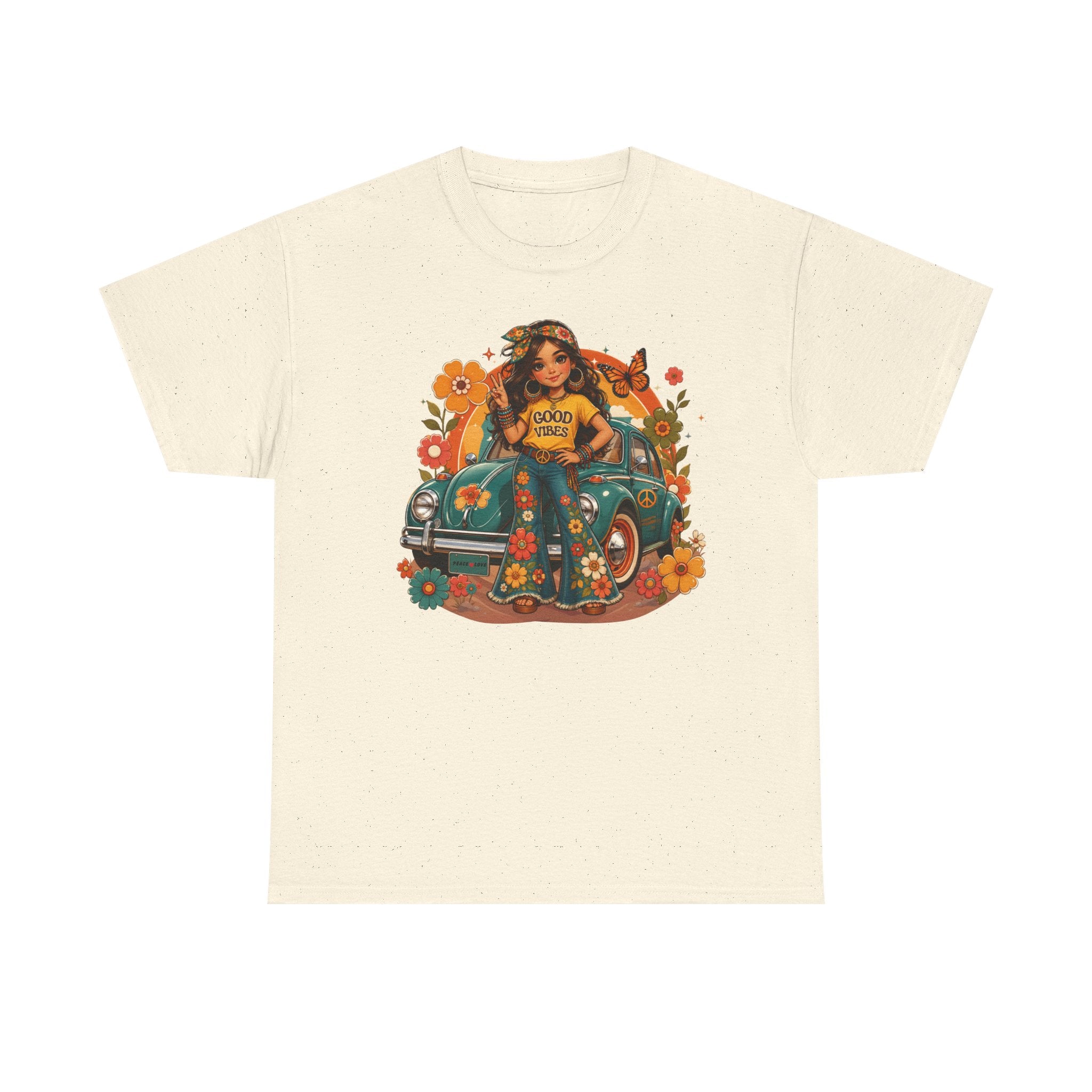 Vintage Floral Hippie Tee – "Good Vibes" Girl in Classic Car