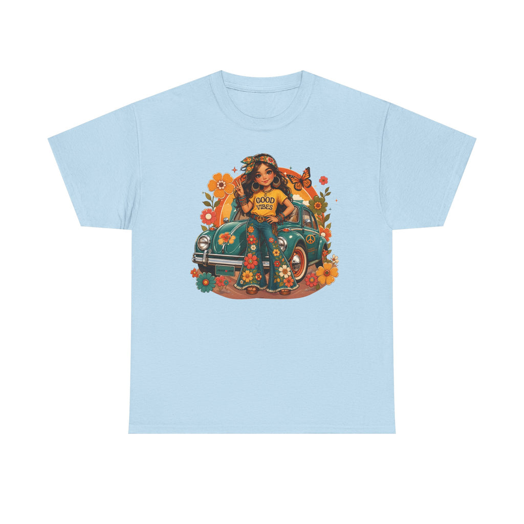 Vintage Floral Hippie Tee – "Good Vibes" Girl in Classic Car