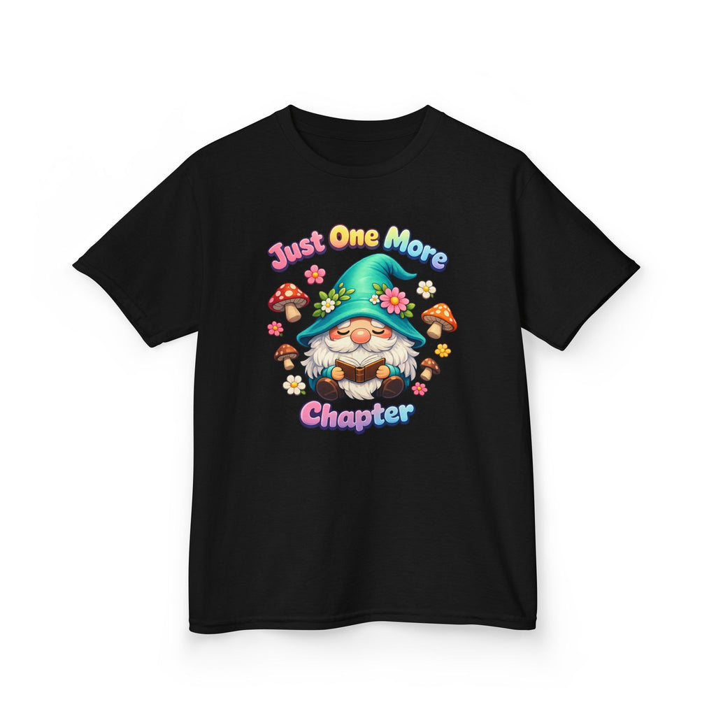 Kids Tee — "Just One More Chapter" Cute Mushroom Gnome Reading Shirt