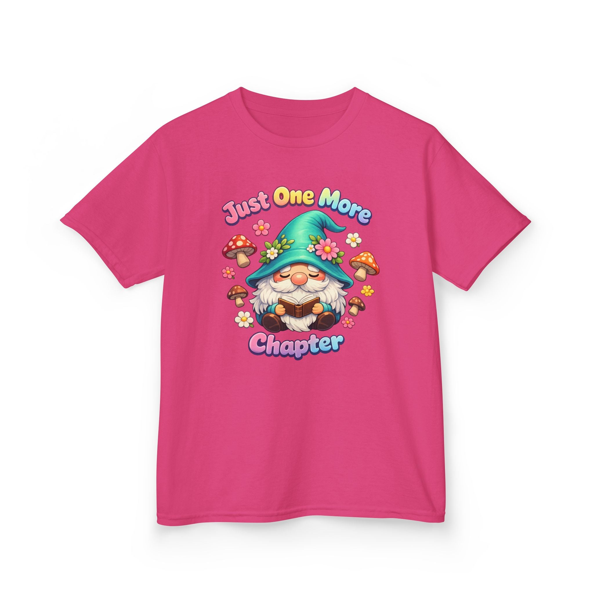 Kids Tee — "Just One More Chapter" Cute Mushroom Gnome Reading Shirt
