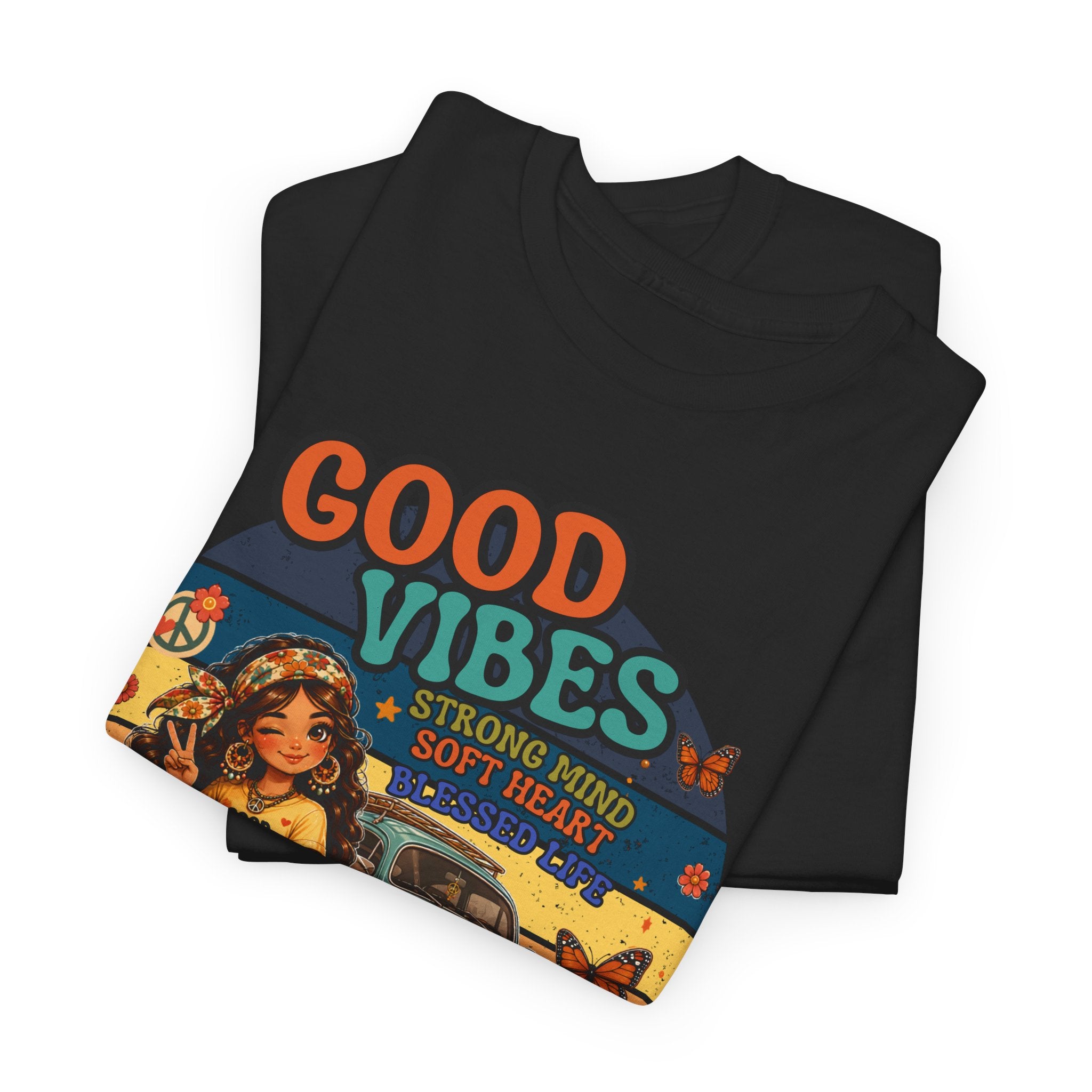 Good Vibes Vintage Tee – Retro Hippie Car & Flowers Graphic T‑Shirt