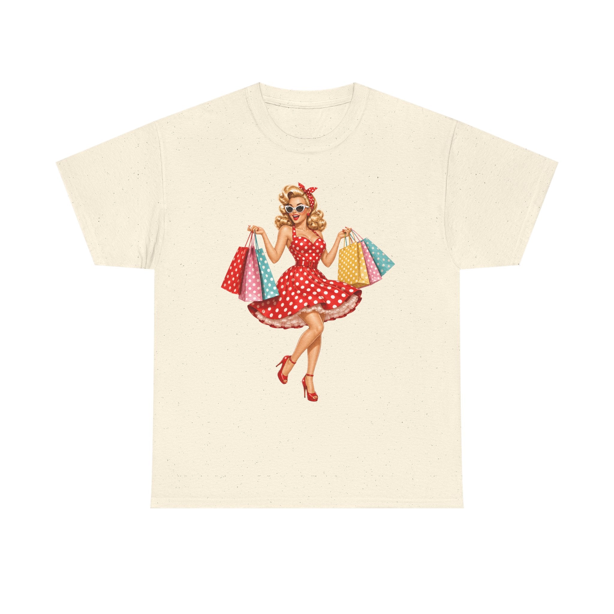 Pinup Shopper Graphic Tee — Retro 1950s Vintage Woman with Shopping Bags