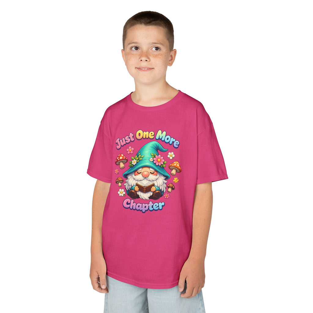 Kids Tee — "Just One More Chapter" Cute Mushroom Gnome Reading Shirt