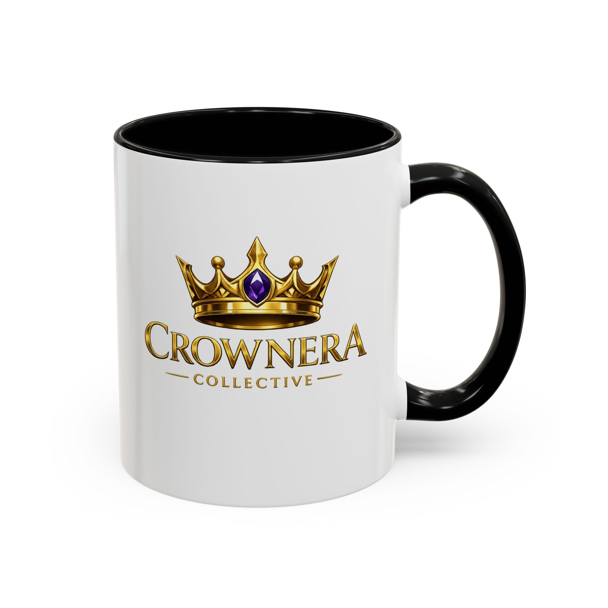 CrownNera Logo Accent Coffee Mug — 11/15oz White Mug with Black Handle & Inner