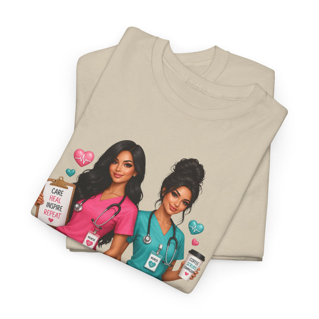 Nurse Besties Graphic Tee — Cute Scrub Nurses Illustration