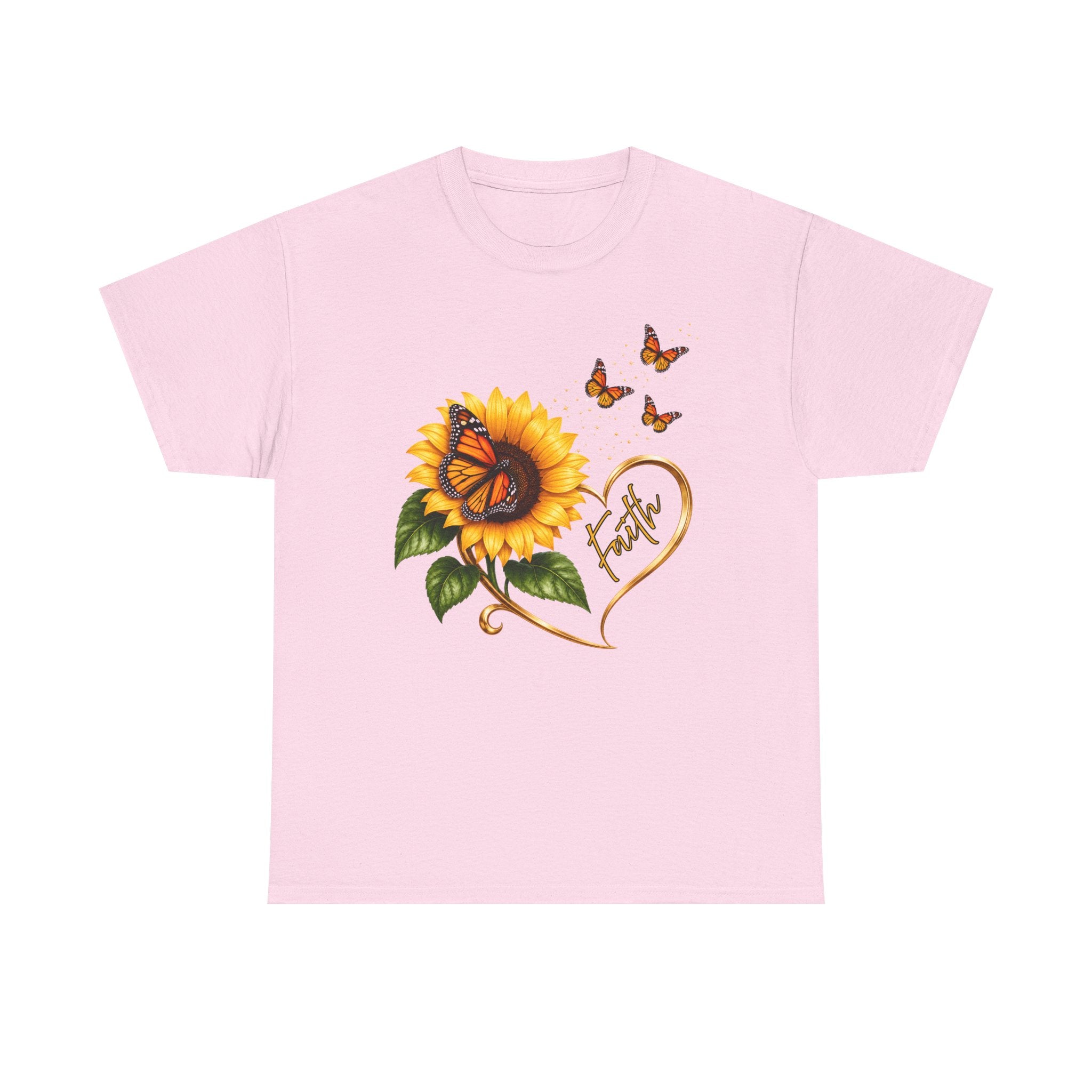 Sunflower & Monarch Butterfly Tee with "Faith" Heart — Inspirational Floral T-Shirt