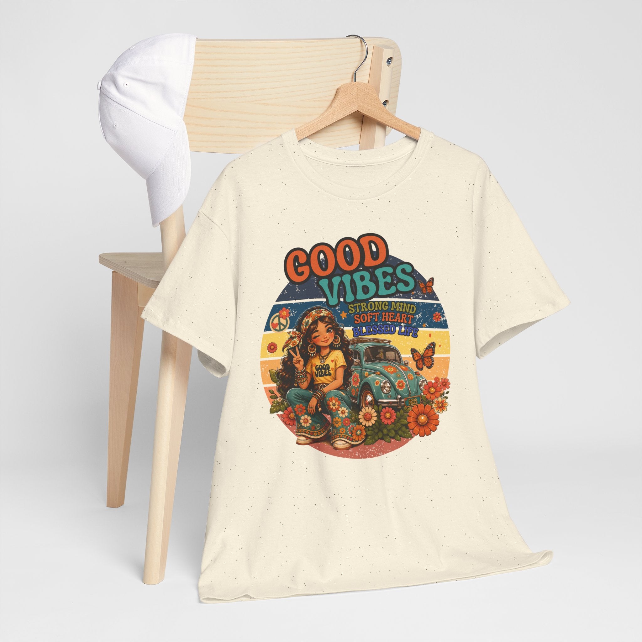 Good Vibes Vintage Tee – Retro Hippie Car & Flowers Graphic T‑Shirt