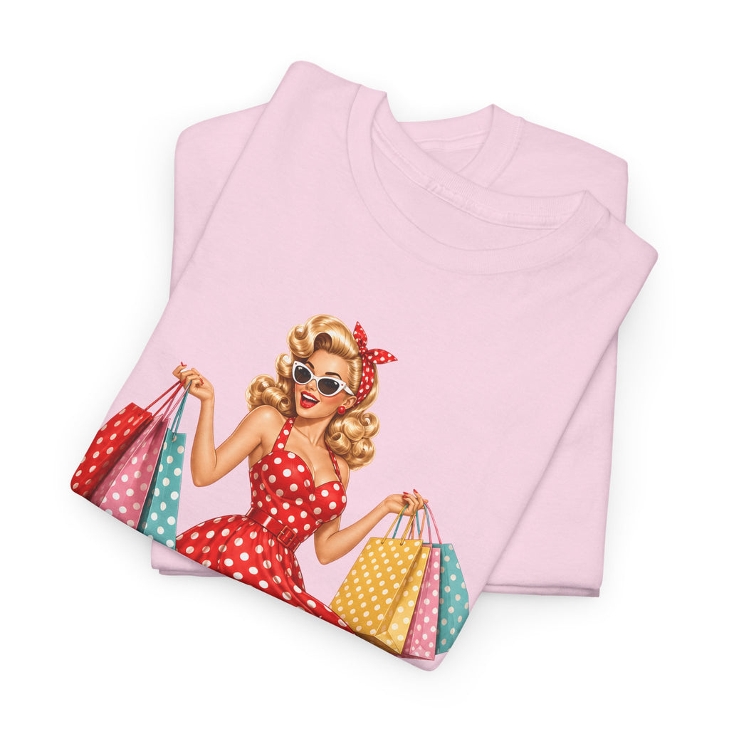 Pinup Shopper Graphic Tee — Retro 1950s Vintage Woman with Shopping Bags