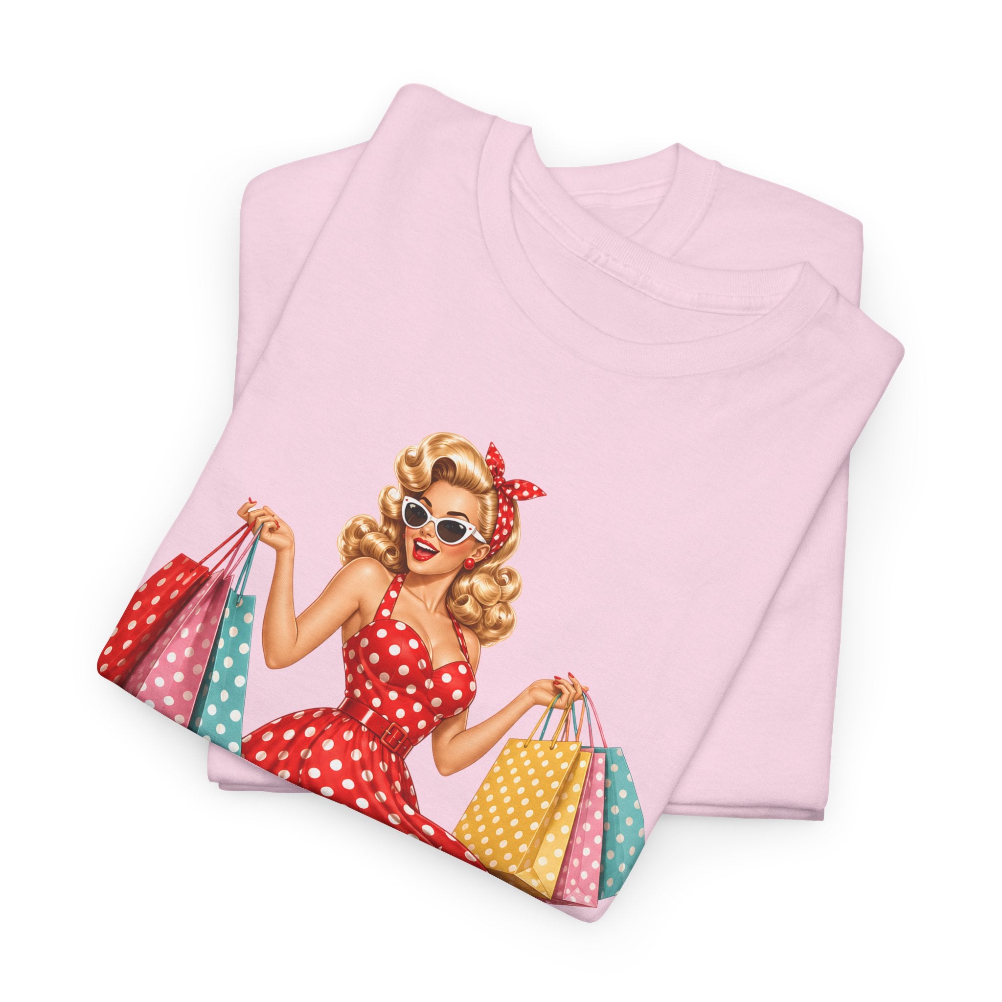 Pinup Shopper Graphic Tee — Retro 1950s Vintage Woman with Shopping Bags