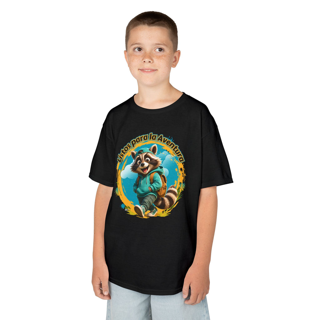 Kids Tee — "Listos para la Aventura" Cute Raccoon Explorer Graphic