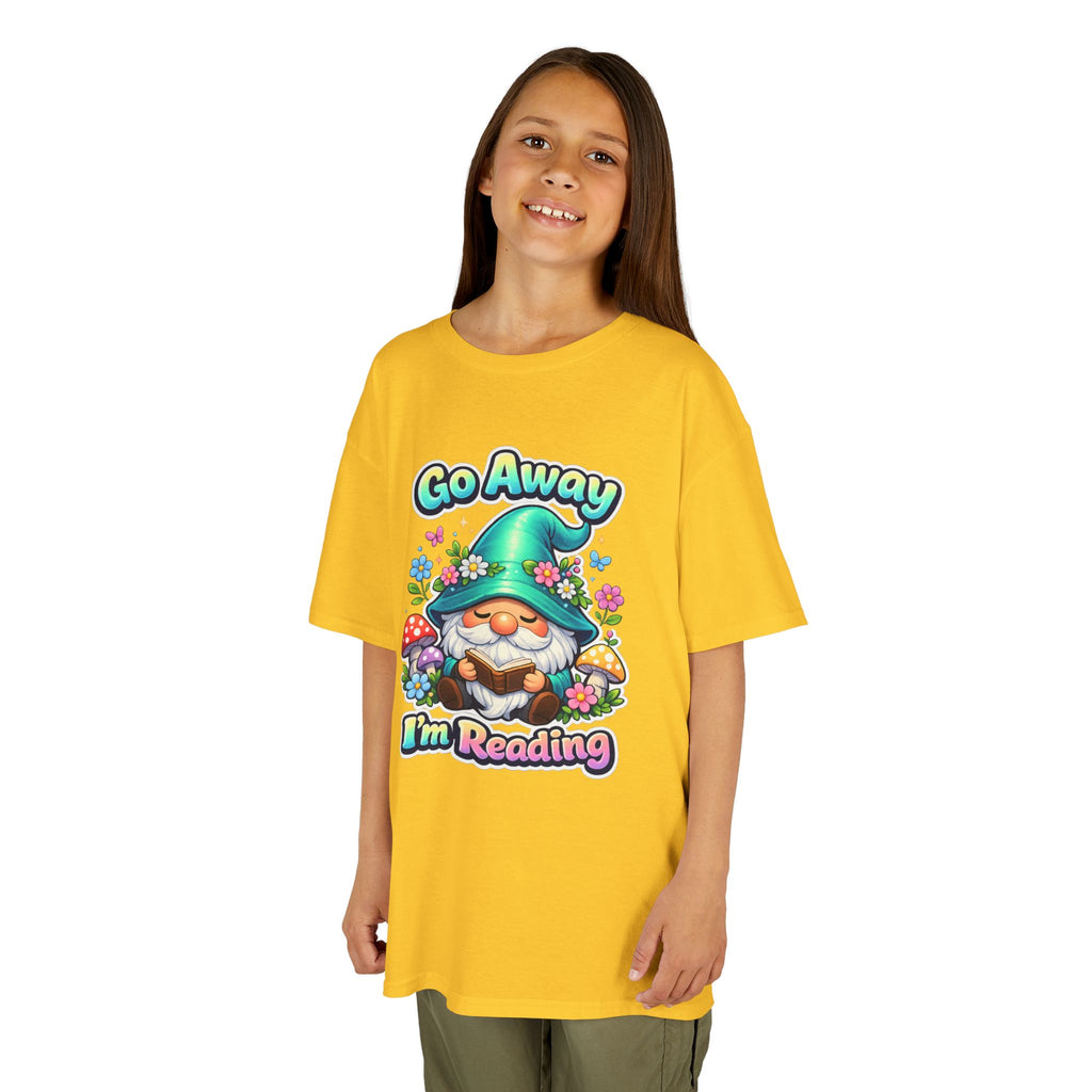 Kids Tee — "Go Away I'm Reading" Gnome Reading Shirt