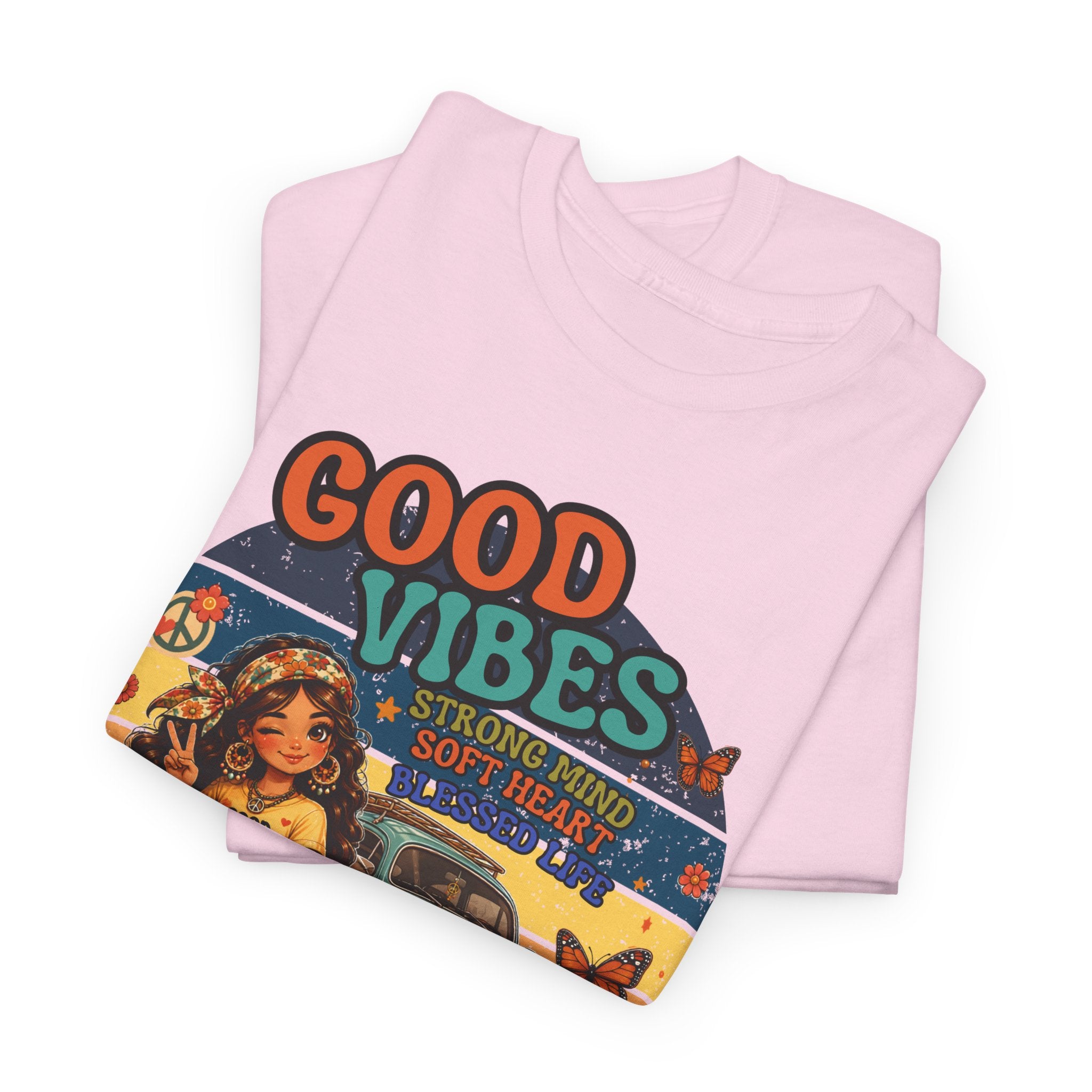 Good Vibes Vintage Tee – Retro Hippie Car & Flowers Graphic T‑Shirt