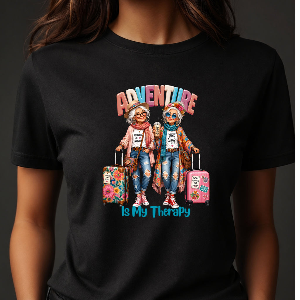 Adventure Is My Therapy T‑Shirt — Vintage Travel Grandma Graphic Tee