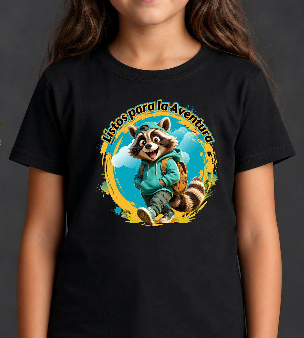 Kids Tee — "Listos para la Aventura" Cute Raccoon Explorer Graphic
