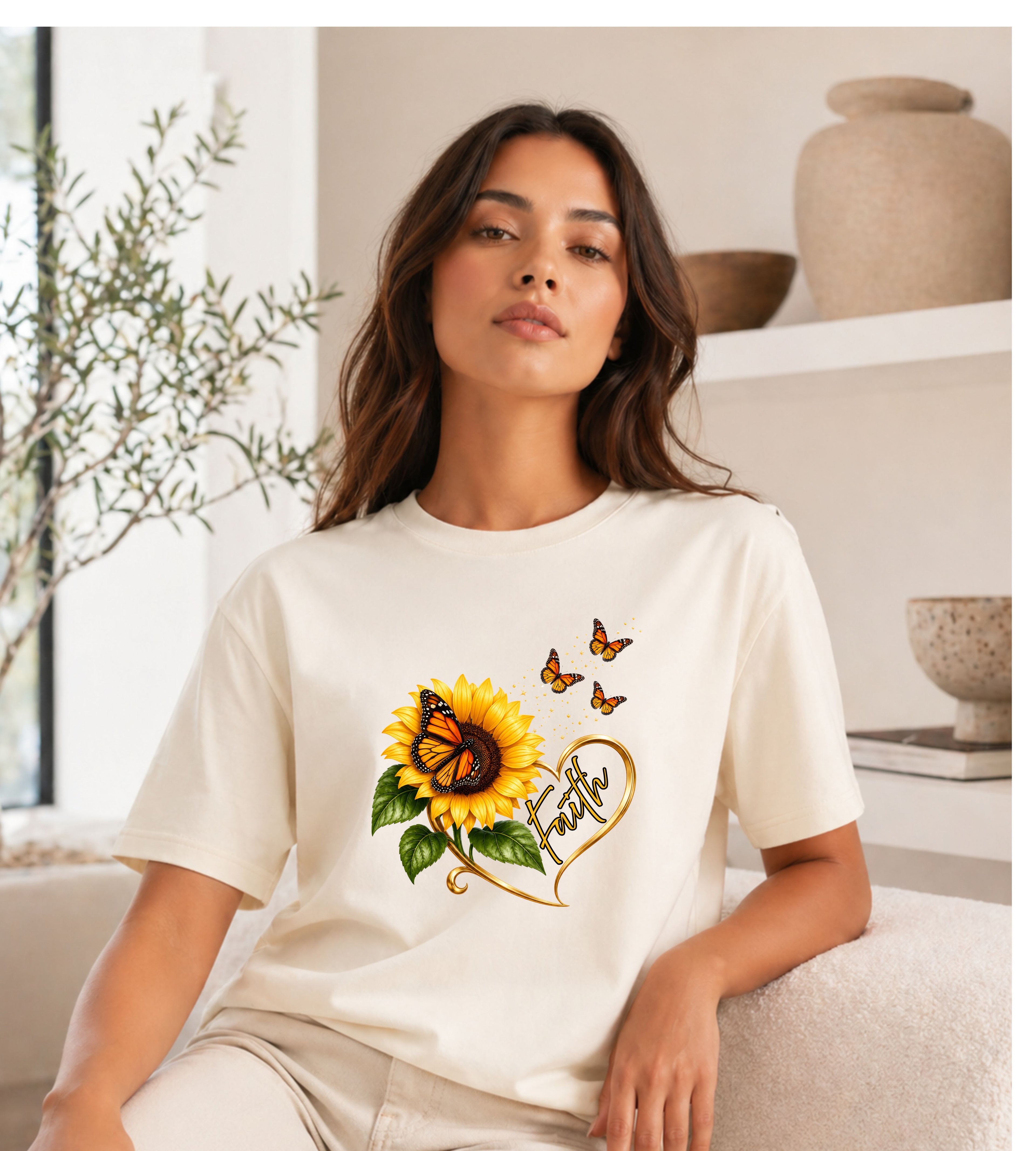 Sunflower & Monarch Butterfly Tee with "Faith" Heart — Inspirational Floral T-Shirt