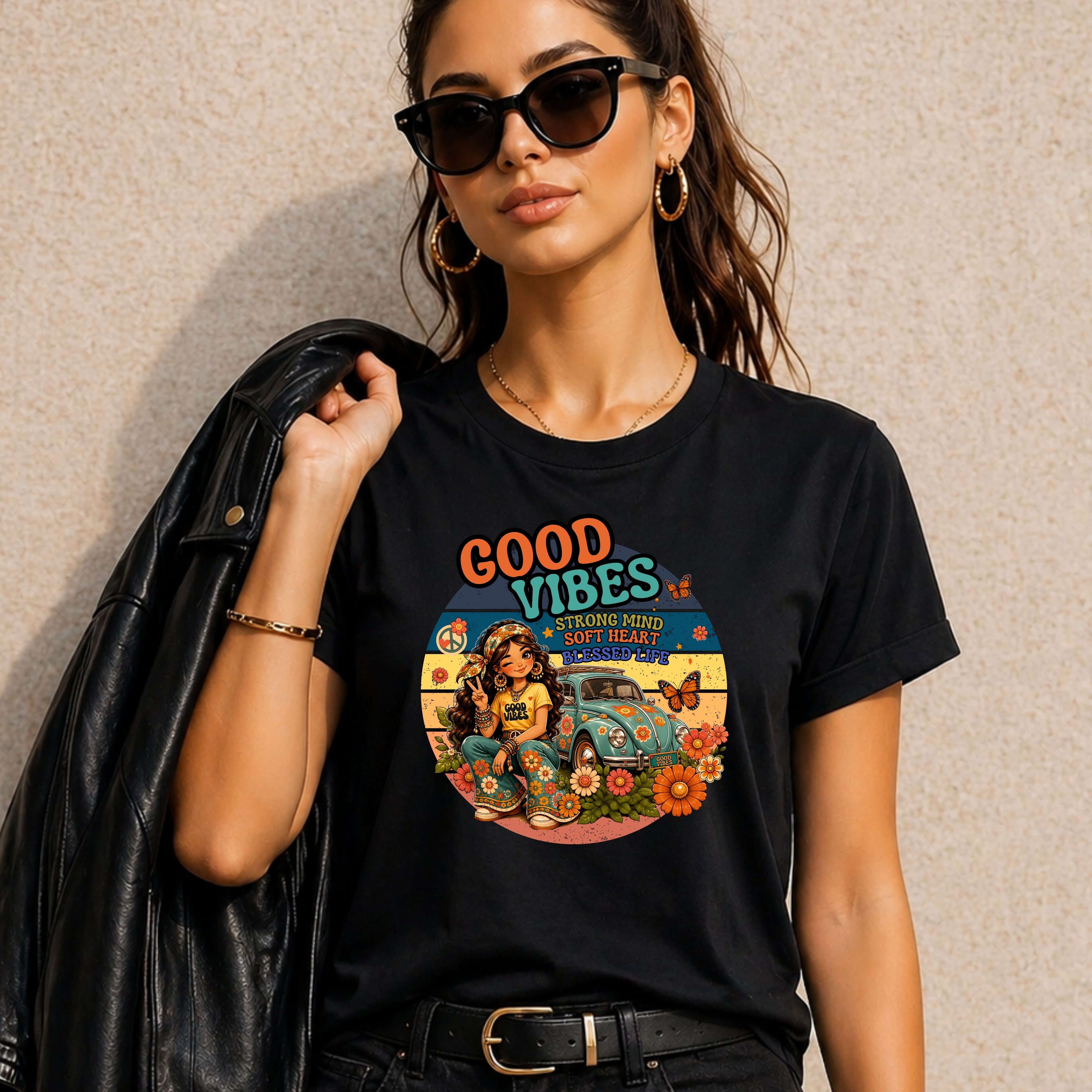 Vintage Floral Hippie Tee – "Good Vibes" Girl in Classic Car