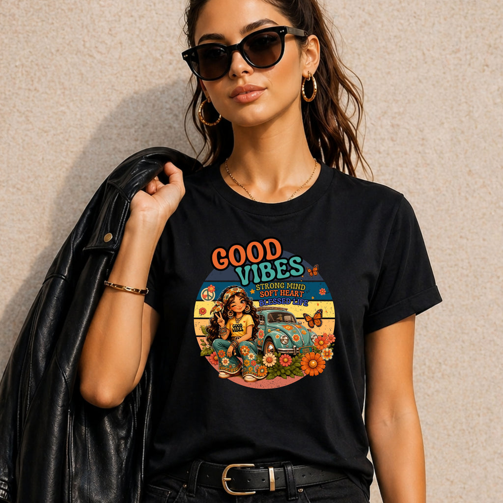 Good Vibes Vintage Tee – Retro Hippie Car & Flowers Graphic T‑Shirt